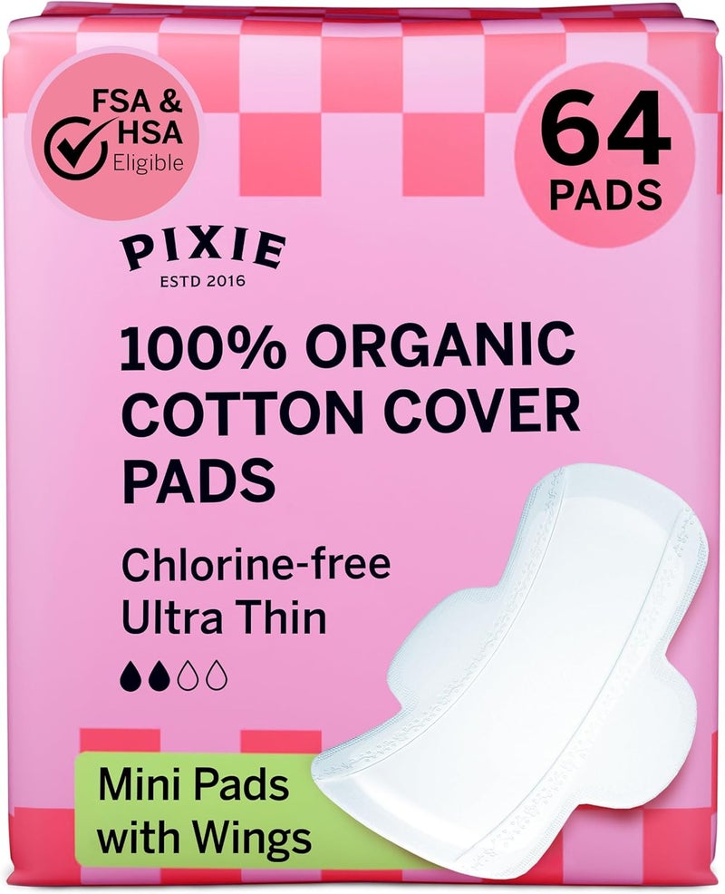 Pixie Cup Pixie Organic Cotton Ultra Thin Mini Pads for Teens - Liners with Wings - Light Absorbency Menstrual Pads - Hypoallergenic, Unscented & Biodegradable for Feminine Care - FSA Eligible - 64 Count - Image 1